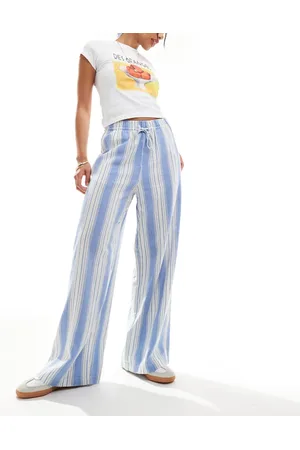 ONLY Wide leg linen trousers in blue & stripe