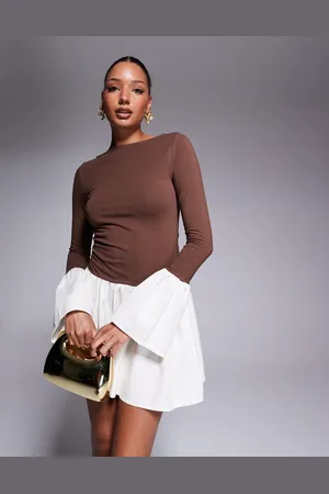 ASOS Poplin mix mini dress with ruffle cuff in mocha
