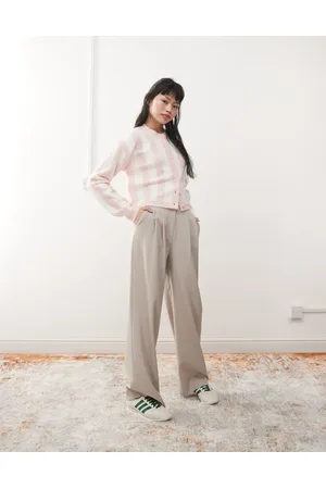 Miss Selfridge Wide leg tailored trouser in beige pinstripe