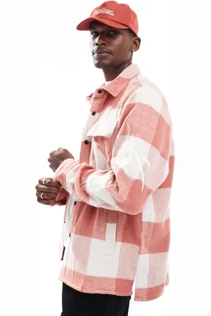 Criminal Damage Embroidered sleeve check shirt in pink/ecru