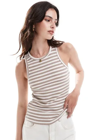 Pieces® Ribbed racer neck top in camel stripe