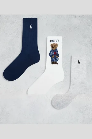 Ralph Lauren 3 pack of socks with bear and icon logo in grey, white and navy