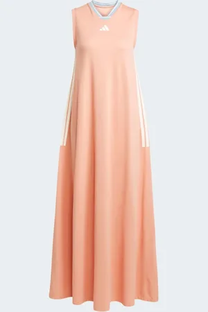 adidas Tiro cut 3-stripes soft mesh long dress in ambient blush / white