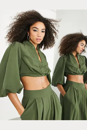 ASOS Full pleated sleeve halterneck top in olive