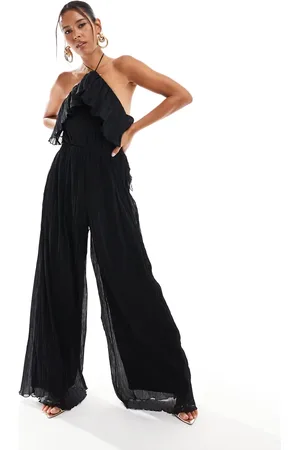 ASOS Textured halter wide leg jumpsuit with frill detail in