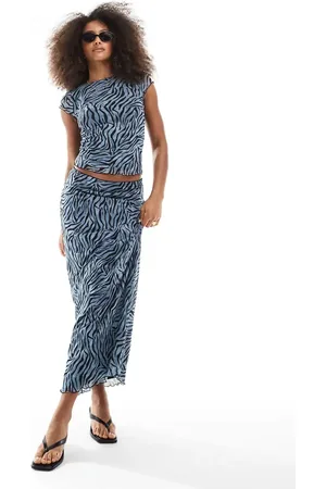 JJXX Co-ord mesh long skirt in blue zebra print