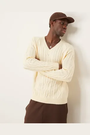 ASOS Heavyweight cable knit V-neck jumper in cream