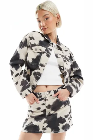 Pimkie Denim pocket detail jacket co-ord in black & white cow print