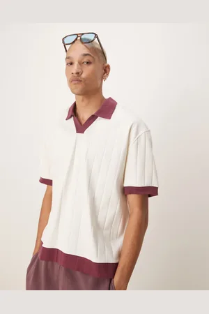 ASOS Relaxed boxy rib polo t-shirt with contrast collar in cream