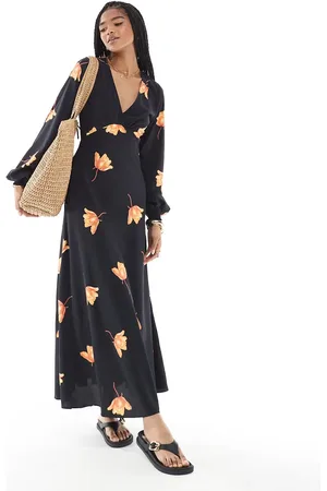 Glamorous V-neck long sleeve maxi dress in orange flower