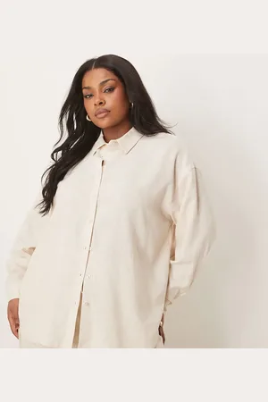 ASOS Curve oversized long sleeve shirt with linen co-ord in stone