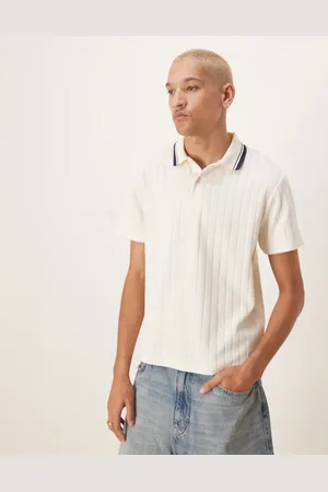 ASOS Boxy polo with tipped collar in beige knitted rib