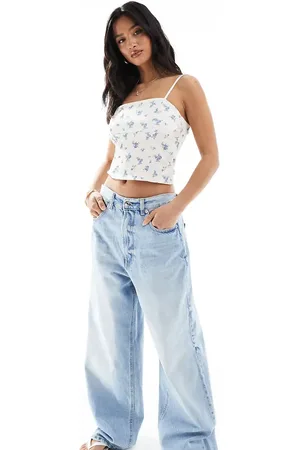 Stradivarius Petite D88 denim baggy jean in mid wash