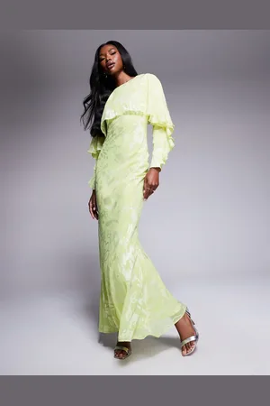 ASOS Long sleeve ruffle bias maxi dress with cape detail in floral jacquard in soft lime