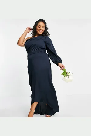 TFNC Bridesmaid satin one shoulder long sleeve maxi dress in