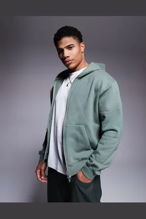 ASOS Premium heavyweight boxy oversized zip through hoodie 400gsm in mid - KHAKI