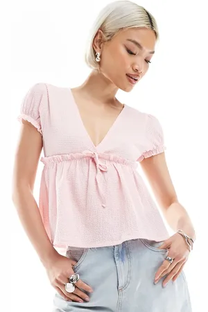 Miss Selfridge Crinkle textured jersey baby doll top in