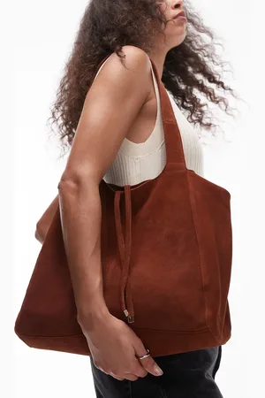 MANGO Tie detail zip through suede tote bag in burnt