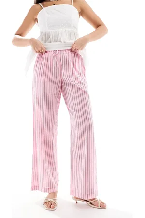 Bershka Tie waist wide leg linen trousers in stripe