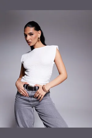 ASOS Textured ruched sides tank with shoulder pads in ivory