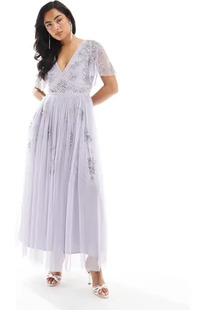 Maya Deluxe Embellished short sleeve midi dress in thistle lilac