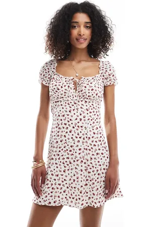Bershka Milkmaid mini dress in ecru & burgundy floral