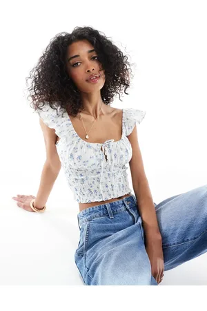 Bershka Shirred milkmaid top in ecru and floral