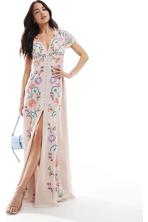 Maya Deluxe Embroidery & faux button front maxi dress in