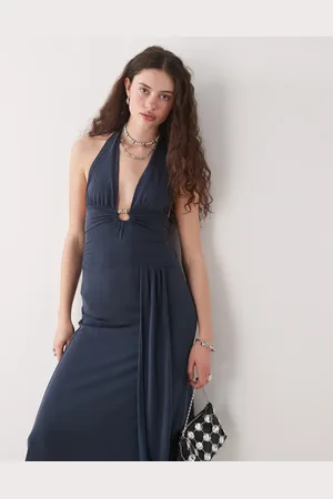 Motel Ryoko wrap detail slinky midaxi halter dress in ocean storm blue