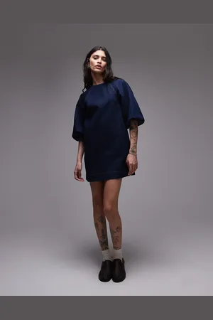Topshop Denim mini shift dress with balloon sleeves in raw look indigo