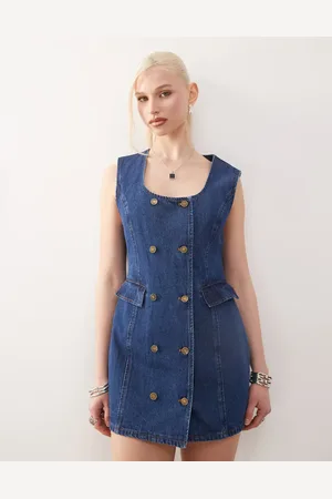 Lioness Double button front pocket detail denim mini dress in mid wash