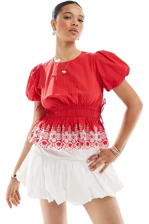 New Look Puff sleeve embroidered hem top in