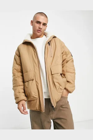 Calvin Klein Reversible sherpa borg long parka jacket in off white/camel