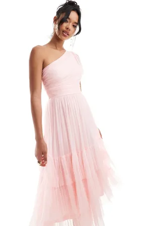 Lace & Beads Bridesmaid Madison one shoulder tulle midi dress in soft