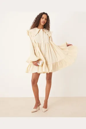 Sister Jane Oversized collar frill mini dress with heart button detail in yellow