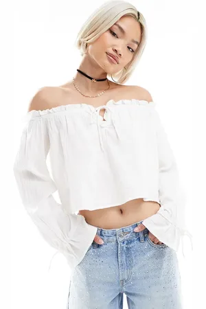 Bershka Crinkle bardot top in ecru