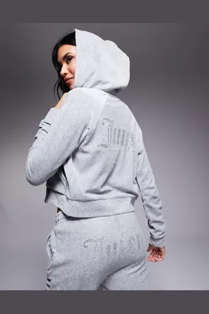 Juicy Couture Diamante logo velour zip through hoodie co-ord in
