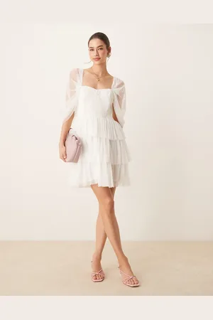 Lace & Beads Off shoulder corset tulle mini dress in ivory