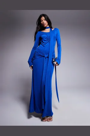 DASKA Ruched maxi dress with waist and neck tie detail in calbalt