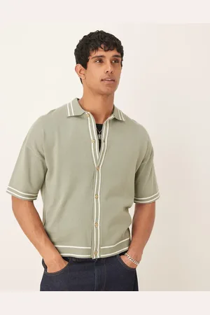 ASOS Relaxed boxy fit knitted button through polo in sage with tipping detail