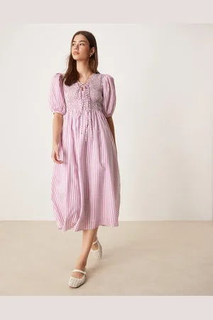 Glamorous Shirred tie front maxi dress in white stripe