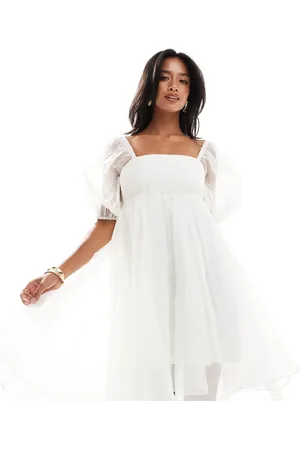 Lace & Beads Square neck babydoll organza mini dress in ivory