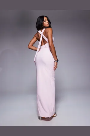 Fashionkilla Double sculpted slinky open back drape detail maxi dress in baby