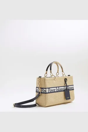River Island Webbing front raffia tote bag in beige