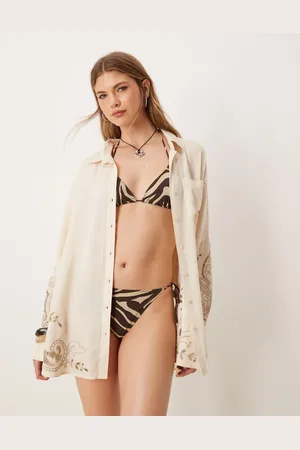 ASOS Blake broderie linen blend oversized beach cover up shirt in stone