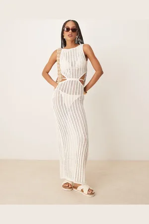 Abercrombie & Fitch Textured slash neck cutout waist maxi dress in cream