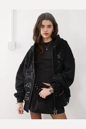 Minga London ascii cat studded zip up hoodie in
