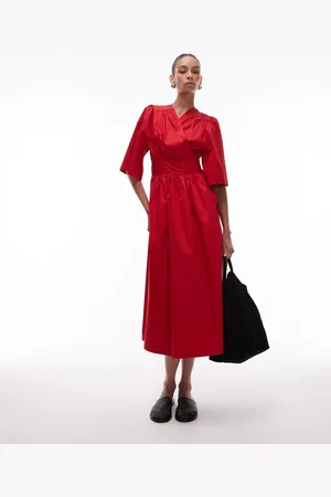 & OTHER STORIES Poplin midaxi dress with wrap front and puff sleeves in