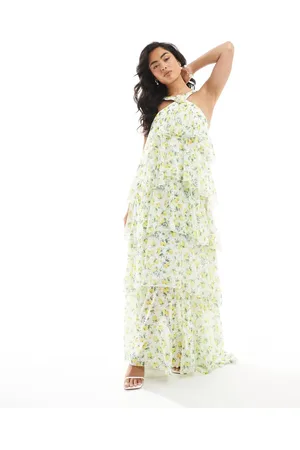 VERO MODA Felicia halter neck tiered maxi dress with corsage detail in lemon print