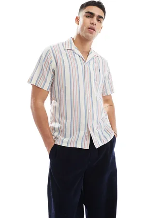 Ralph Lauren Short sleeve icon logo chambray multi stripe shirt classic oversized fit in /pink